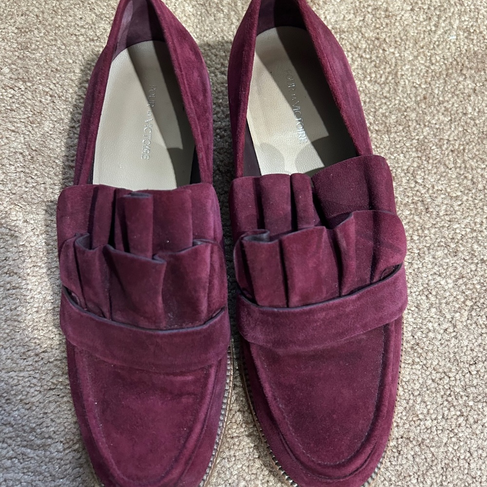 POUR La VICTOIRE Maroon suede ruffle oxfords